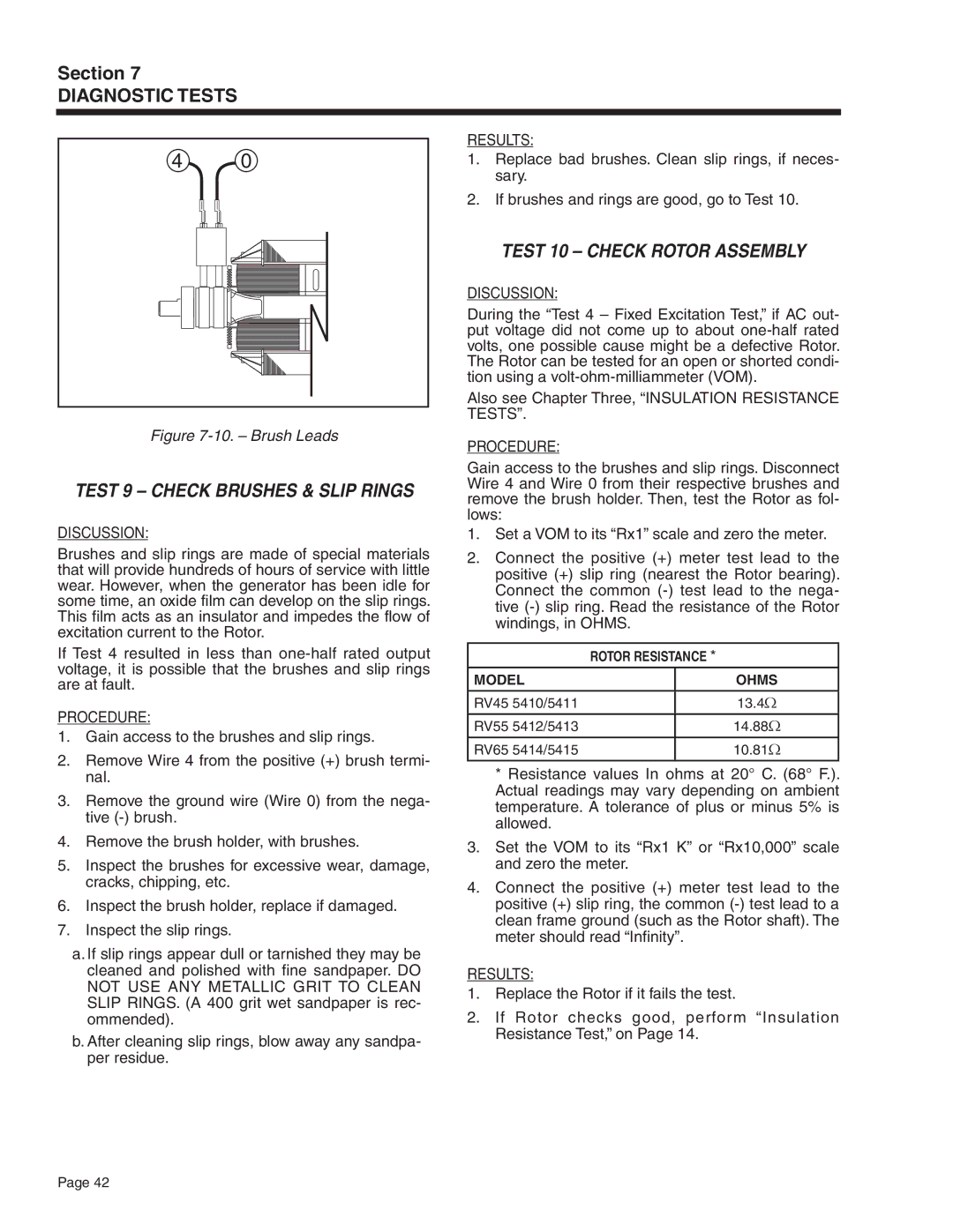 Generac Power Systems 5413, 5412, 5411, 5415, 5414, 5410 manual Test 9 Check Brushes & Slip Rings, Test 10 Check Rotor Assembly 