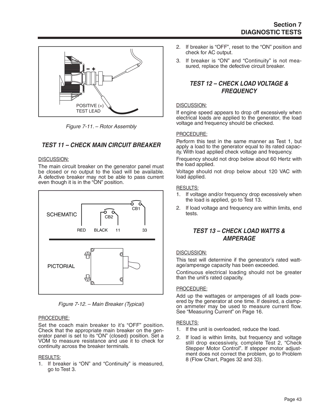 Generac Power Systems 5415 Test 11 Check Main Circuit Breaker, Test 12 Check Load Voltage Frequency, Schematic, Pictorial 