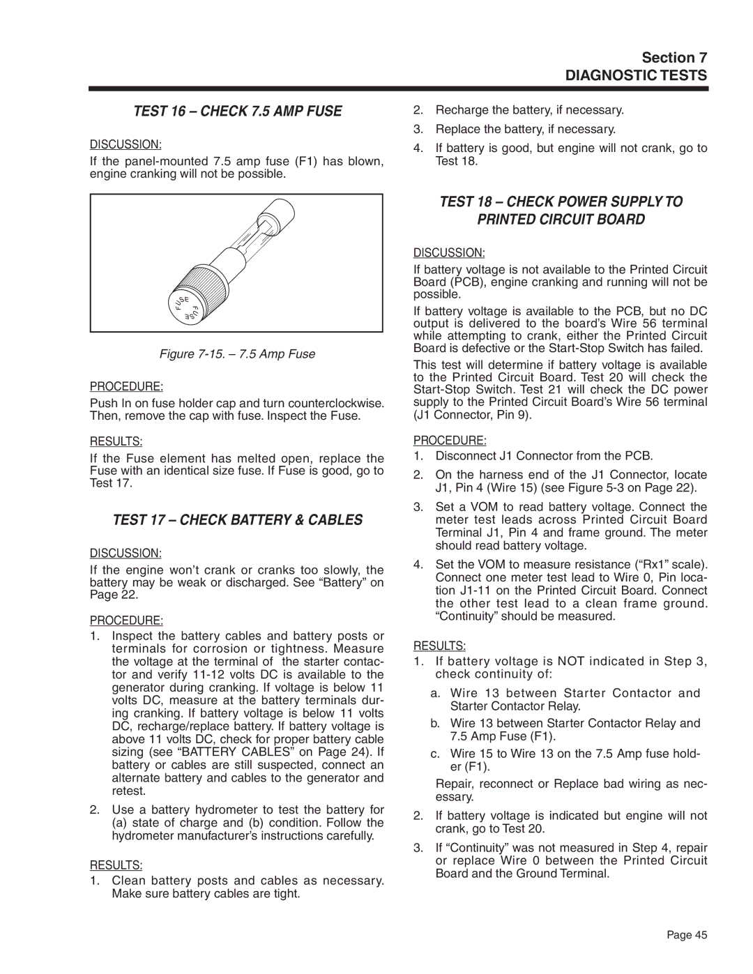 Generac Power Systems 5410, 5412, 5411, 5413, 5415, 5414 manual Test 16 Check 7.5 Amp Fuse, Test 17 Check Battery & Cables 