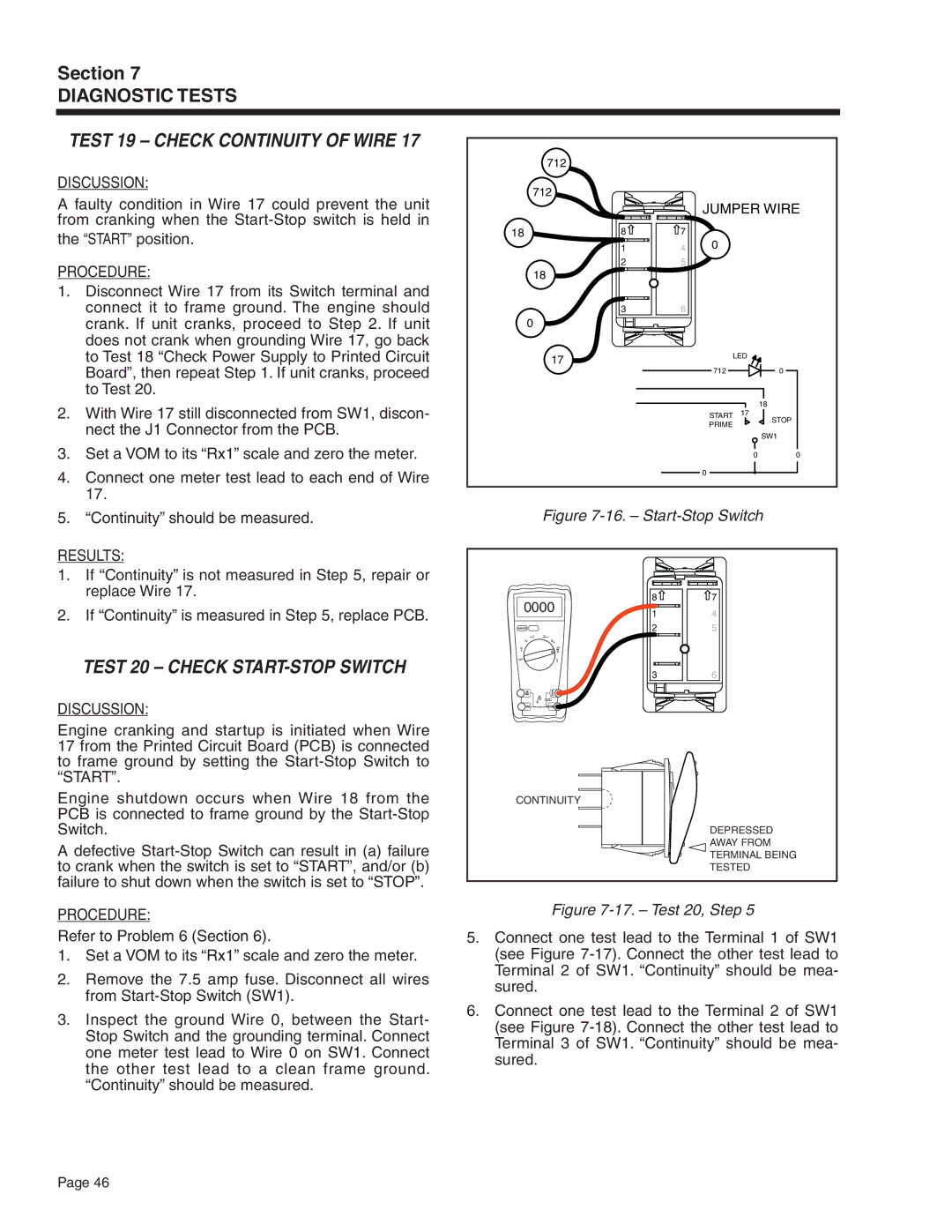 Generac Power Systems 5412, 5411, 5413, 5415, 5414, 5410 Test 19 Check Continuity of Wire, Test 20 Check Start-Stop Switch 