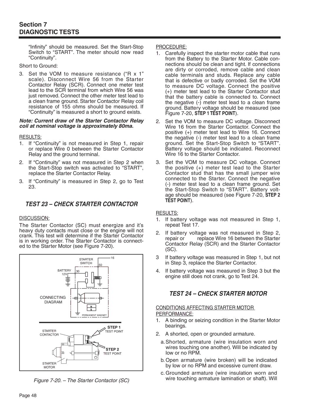 Generac Power Systems 5413, 5412, 5411, 5415, 5414, 5410 manual Test 23 Check Starter Contactor, Test 24 Check Starter Motor 