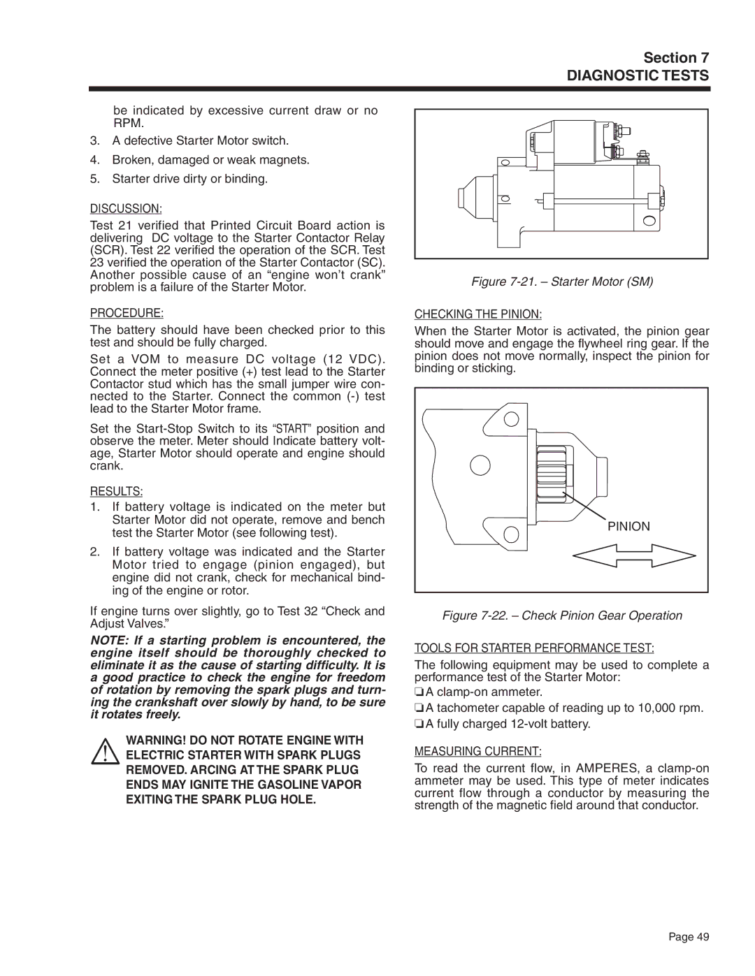 Generac Power Systems 5415, 5412, 5411, 5413, 5414, 5410 manual Checking the Pinion, Tools for Starter Performance Test 