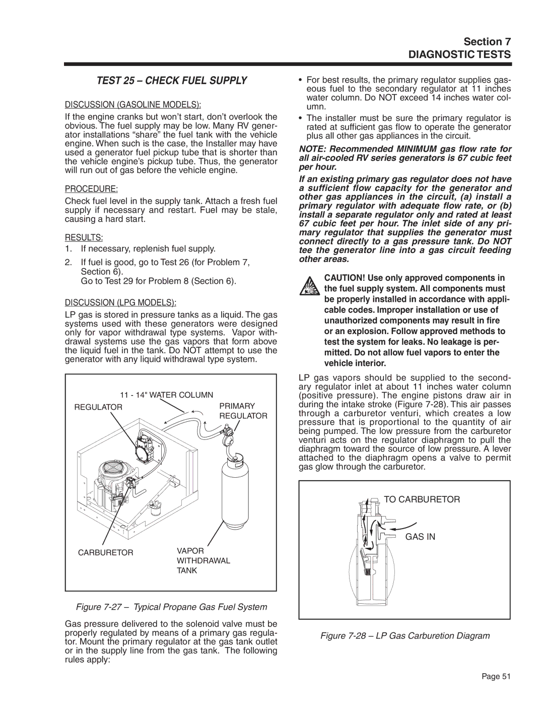 Generac Power Systems 5410, 5412, 5411, 5413, 5415, 5414 manual Test 25 Check Fuel Supply, To Carburetor GAS 