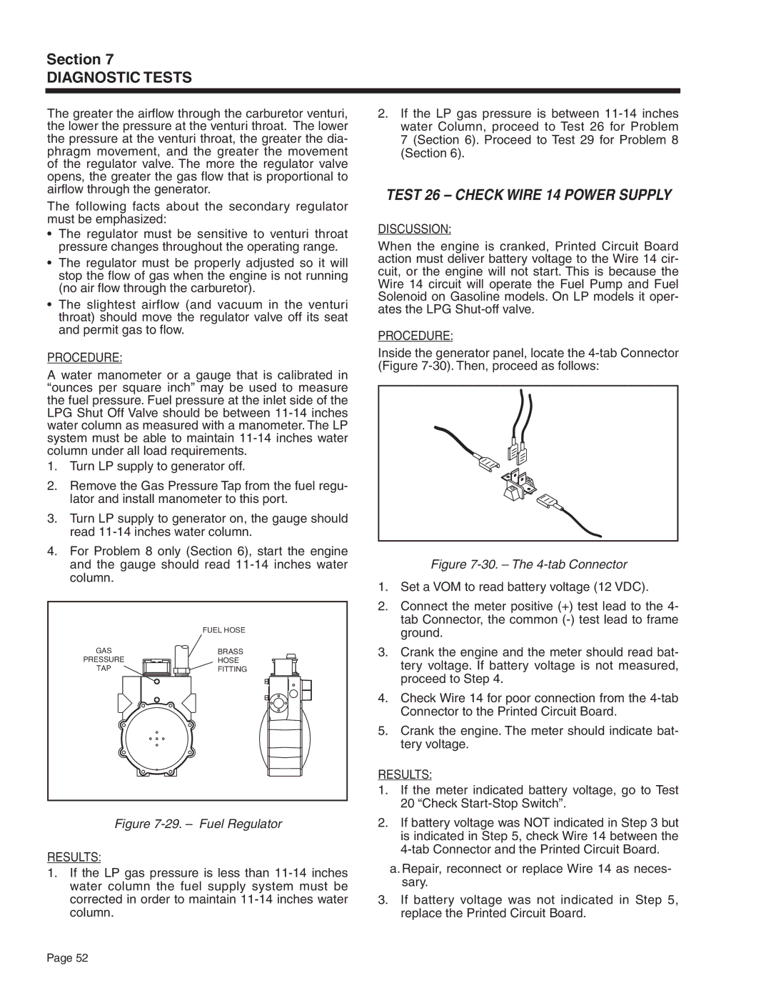 Generac Power Systems 5412, 5411, 5413, 5415, 5414, 5410 manual Test 26 Check Wire 14 Power Supply, Fuel Regulator 