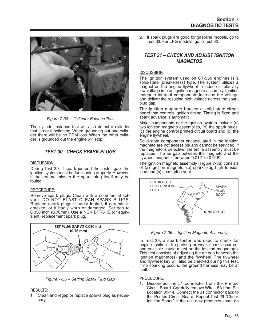 Generac Power Systems 5415, 5412, 5411, 5413, 5414, 5410 Test 30 Check Spark Plugs, Test 31 Check and Adjust Ignition Magnetos 