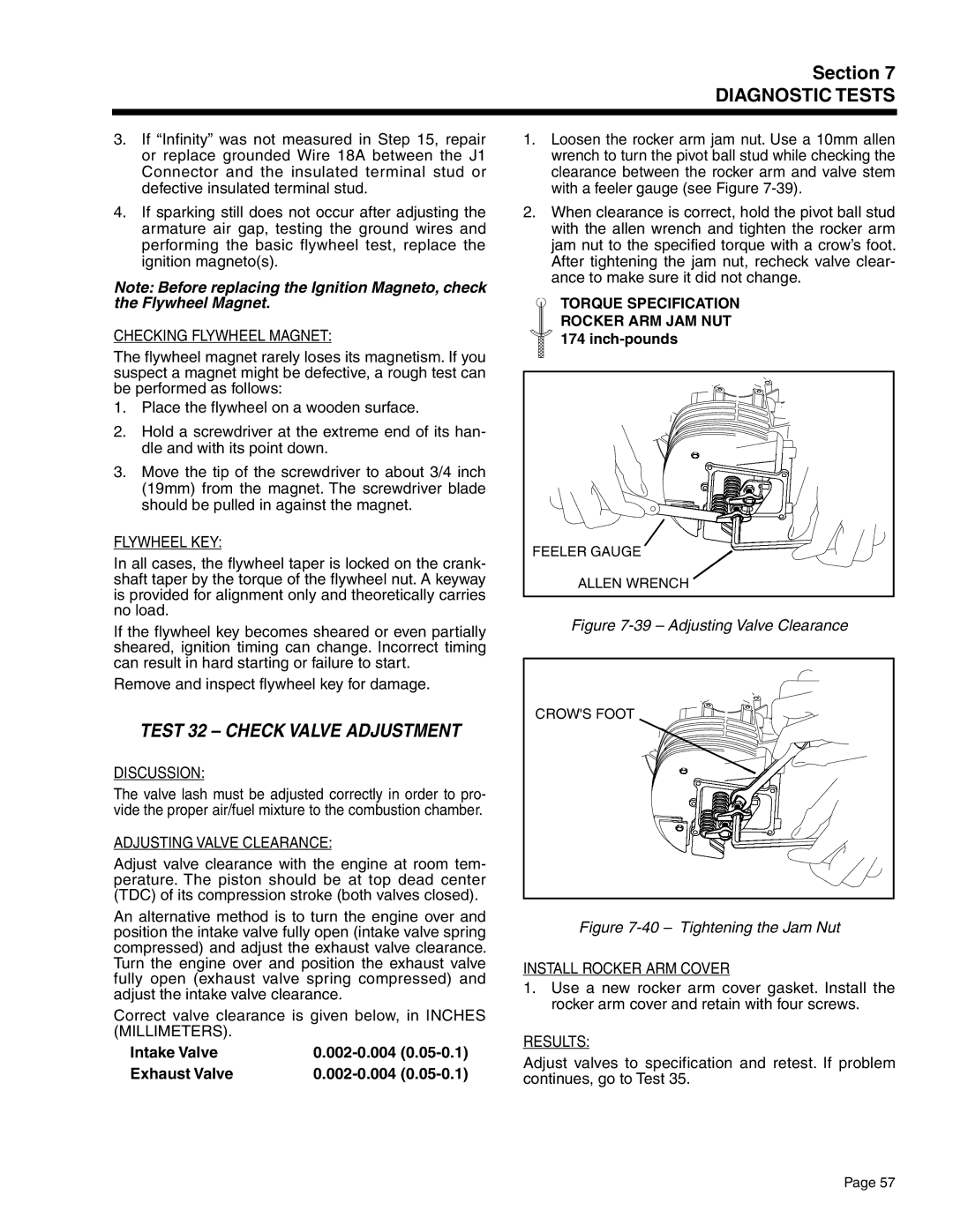 Generac Power Systems 5410, 5412, 5411, 5413, 5415 Test 32 Check Valve Adjustment, Checking Flywheel Magnet, Flywheel KEY 