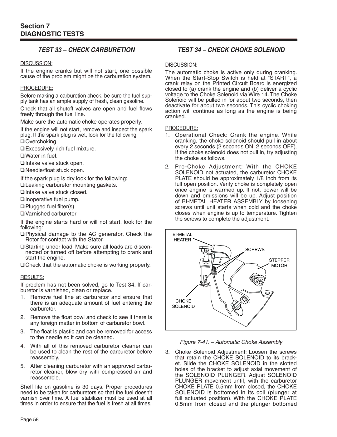 Generac Power Systems 5412, 5411, 5413, 5415, 5414, 5410 manual Test 33 Check Carburetion, Test 34 Check Choke Solenoid 