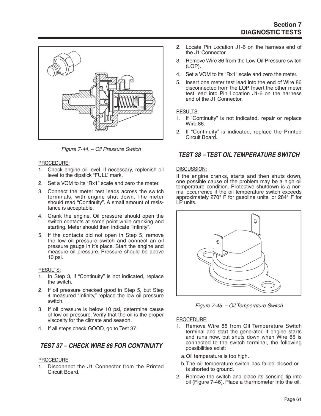 Generac Power Systems 5415, 5412, 5411, 5413, 5414 Test 37 Check Wire 86 for Continuity, Test 38 Test Oil Temperature Switch 