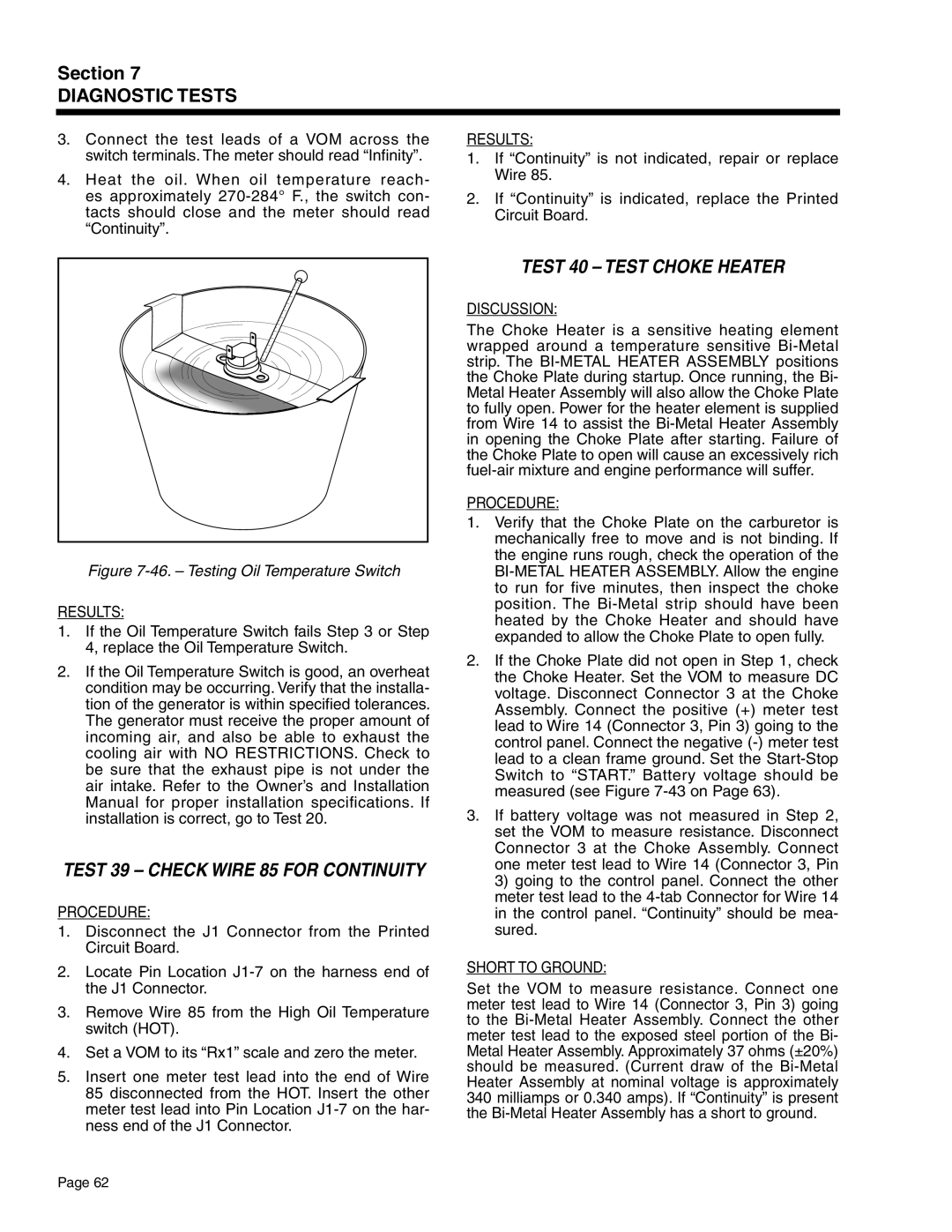 Generac Power Systems 5414, 5412, 5411, 5413, 5415, 5410 manual Test 39 Check Wire 85 for Continuity, Test 40 Test Choke Heater 