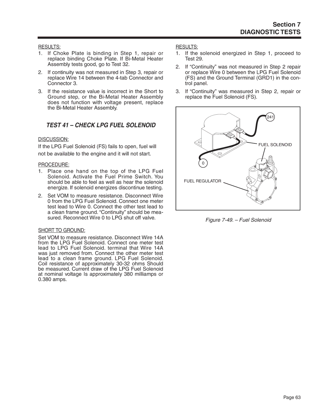 Generac Power Systems 5410, 5412, 5411, 5413, 5415, 5414 manual Test 41 Check LPG Fuel Solenoid 