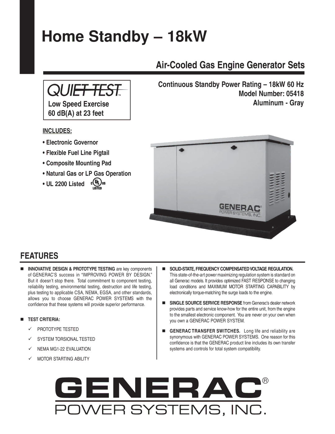 Generac Power Systems 5418 manual Features, Includes, Test Criteria 