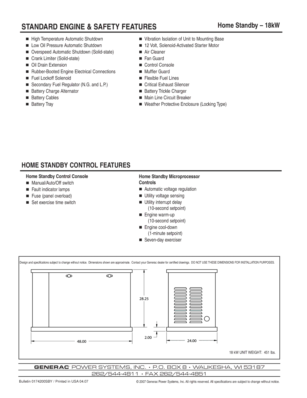 Generac Power Systems 5418 manual Standard Engine & Safety Features, Volt, Solenoid-Activated Starter Motor 