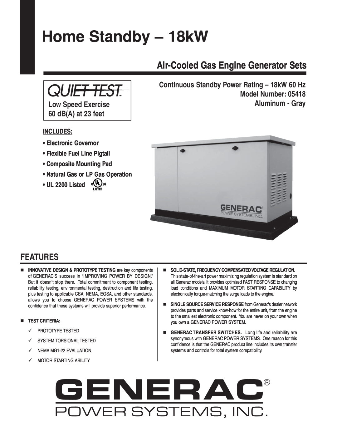 Generac Power Systems 5418 manual Features, Model Number Aluminum - Gray, Low Speed Exercise, Home Standby - 18kW 