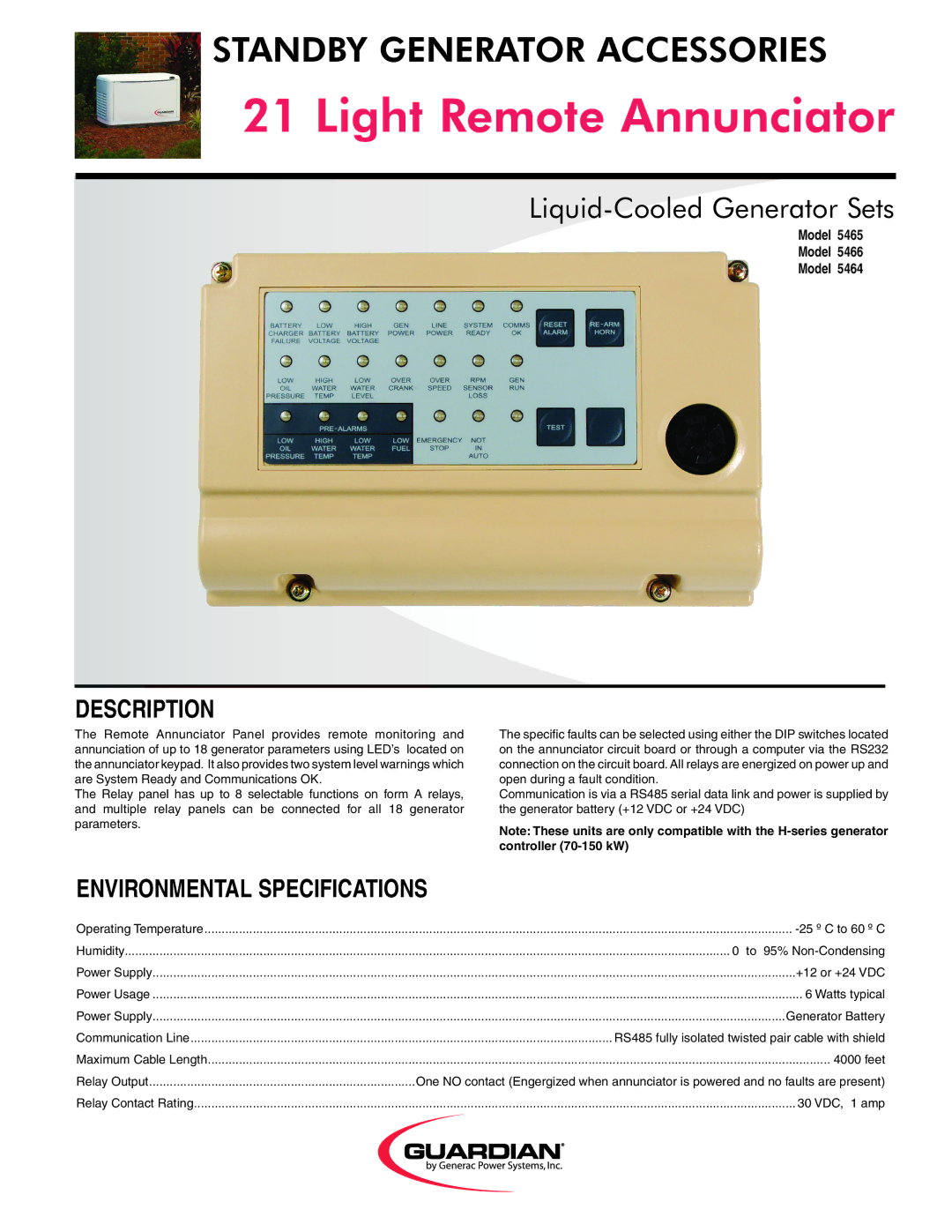 Generac Power Systems 5465, 5464 specifications Light Remote Annunciator, Liquid-Cooled Generator Sets, Description, Model 