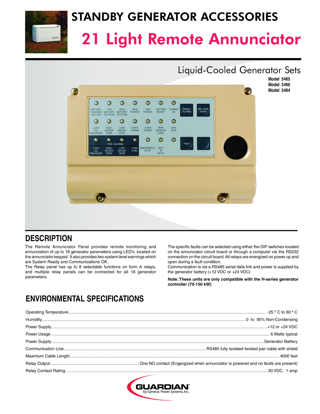 Generac Power Systems 5465, 5464, 5466 specifications Light Remote Annunciator, Standby Generator Accessories, Description 