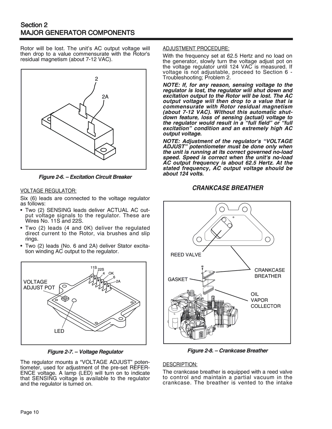 Generac Power Systems 55, 75, 65 manual Crankcase Breather, Voltage Regulator, Adjustment Procedure, Description 