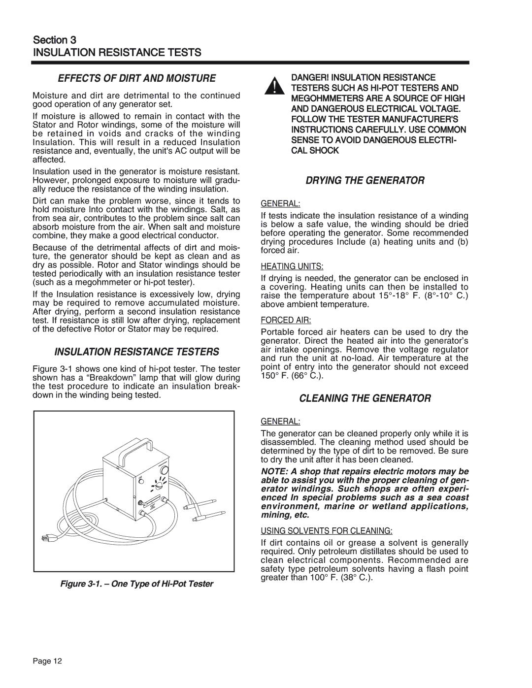 Generac Power Systems 65, 55, 75 manual Effects of Dirt and Moisture, Insulation Resistance Testers, Drying the Generator 