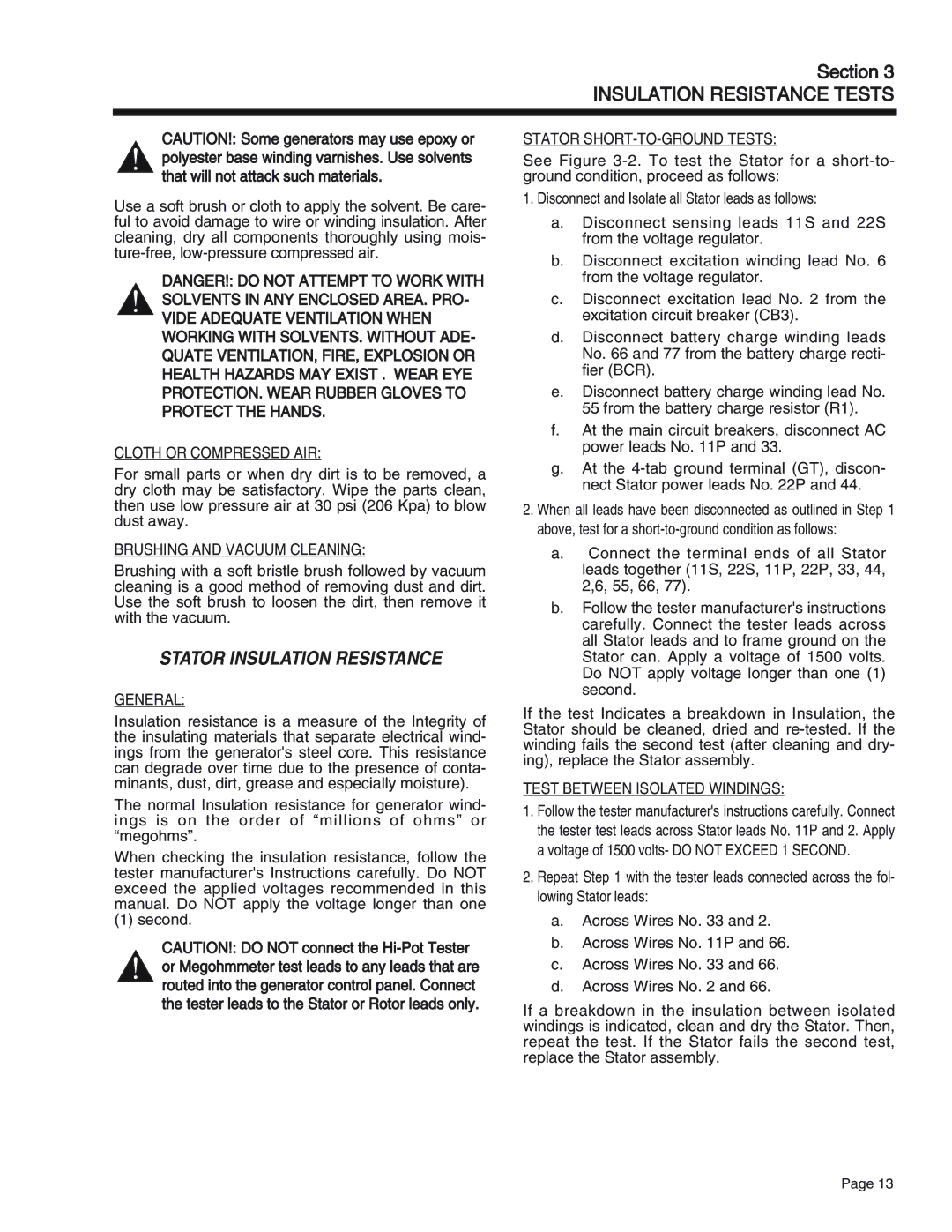 Generac Power Systems 55, 75, 65 manual Stator Insulation Resistance, Cloth or Compressed AIR, Brushing and Vacuum Cleaning 
