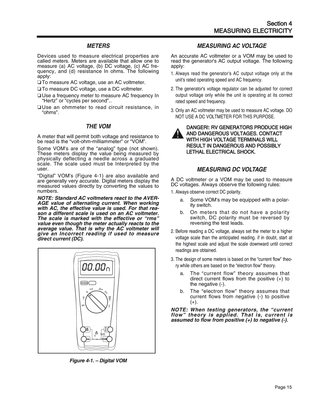 Generac Power Systems 65, 55, 75 manual Meters, Vom, Measuring AC Voltage, Measuring DC Voltage 