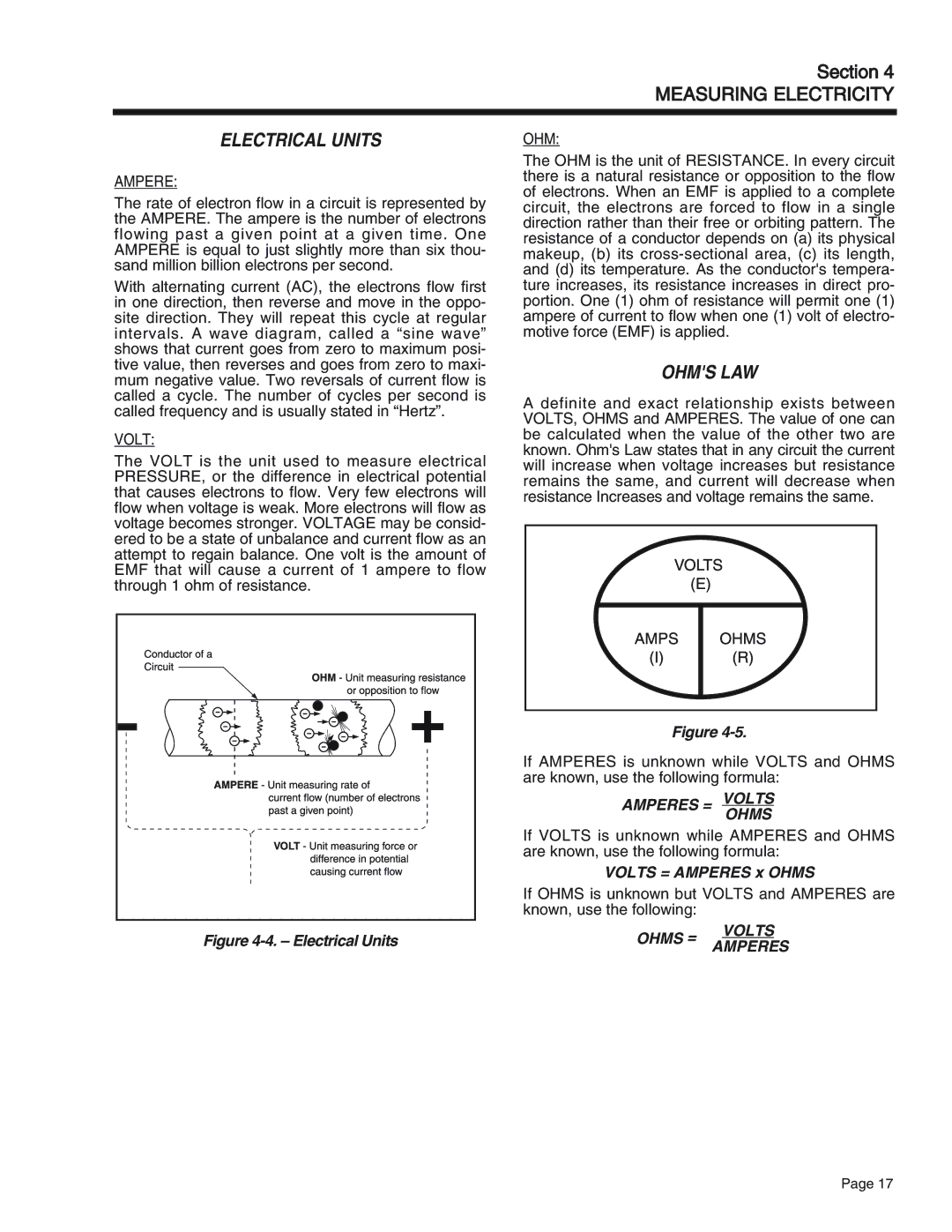 Generac Power Systems 75, 55, 65 manual Electrical Units, Ohms LAW, Ampere, Volt 