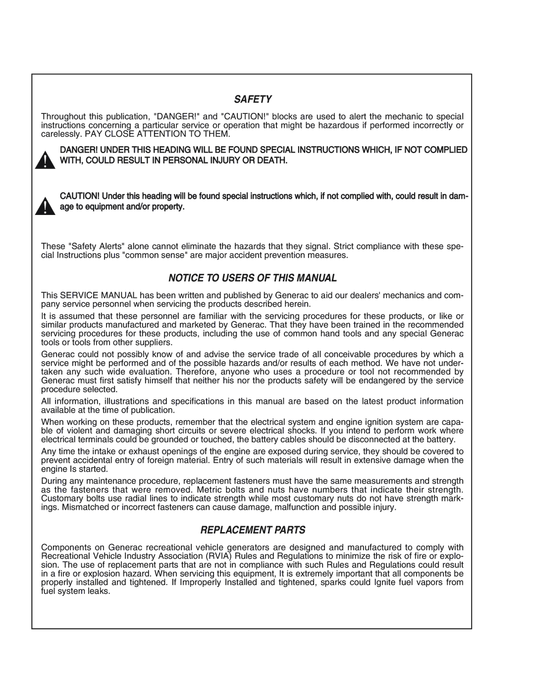 Generac Power Systems 65, 55, 75 manual Safety, Replacement Parts 