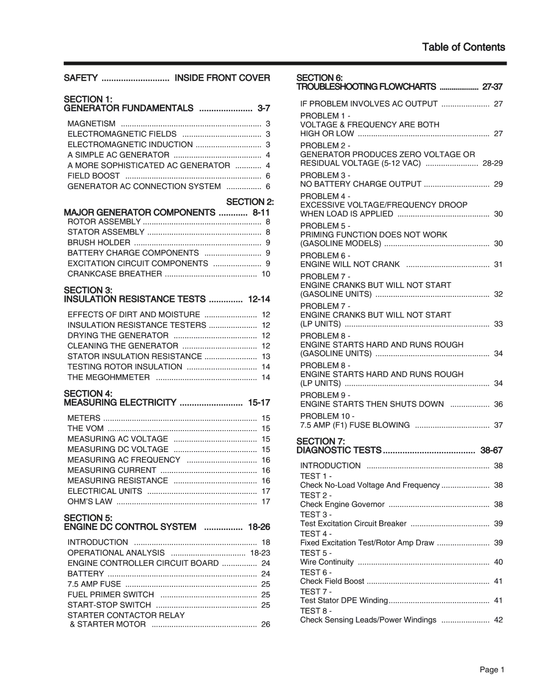 Generac Power Systems 55, 75, 65 manual Table of Contents 