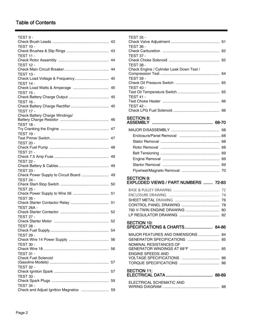 Generac Power Systems 75, 55, 65 manual Section Exploded Views / Part Numbers, Section Specifications & Charts 