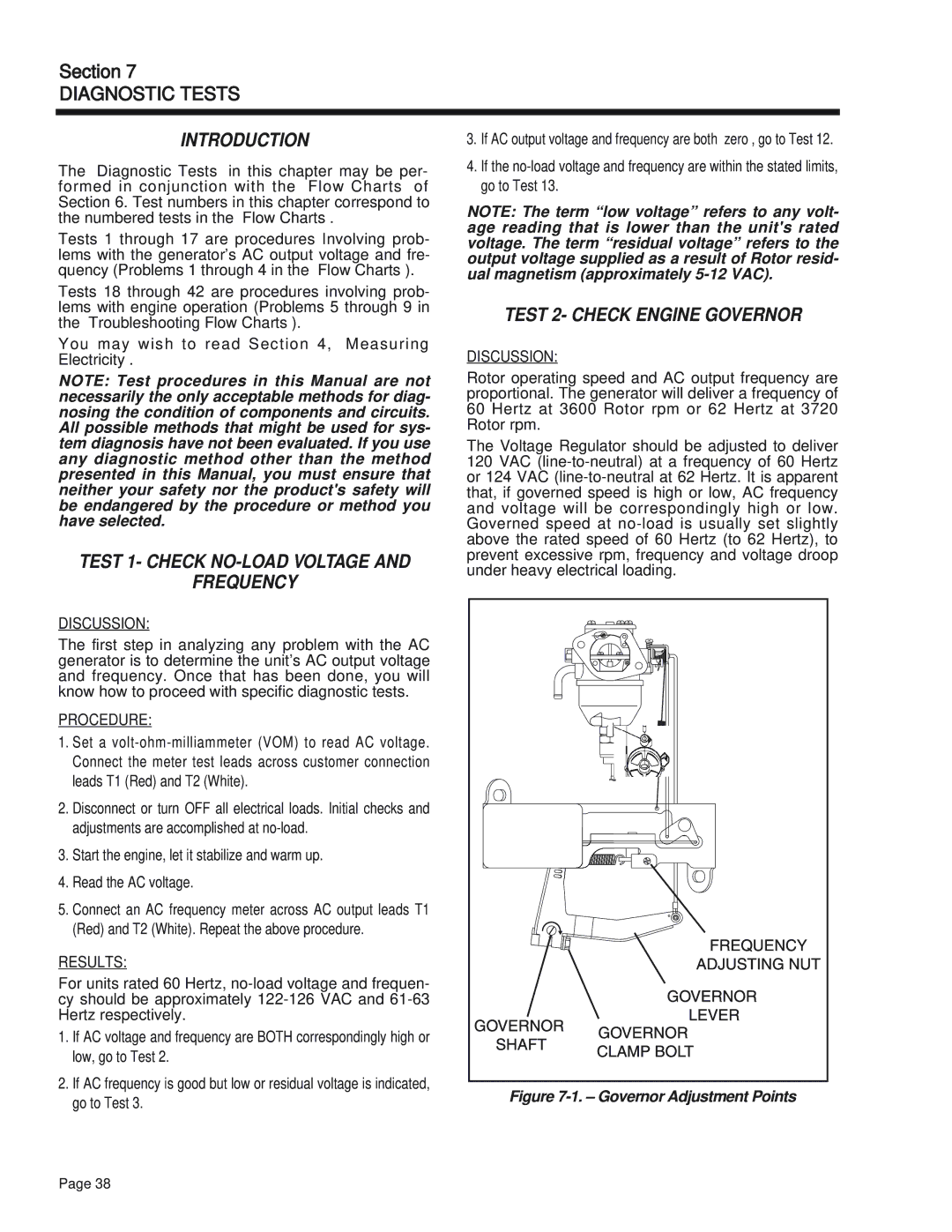 Generac Power Systems 75, 55 Test 1- Check NO-LOAD Voltage Frequency, Test 2- Check Engine Governor, Discussion, Procedure 