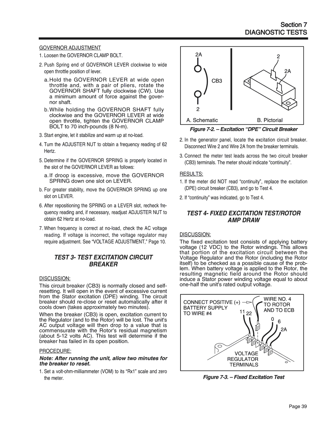 Generac Power Systems 65, 55, 75 manual Test 3- Test Excitation Circuit Breaker, Test 4- Fixed Excitation TEST/ROTOR AMP Draw 