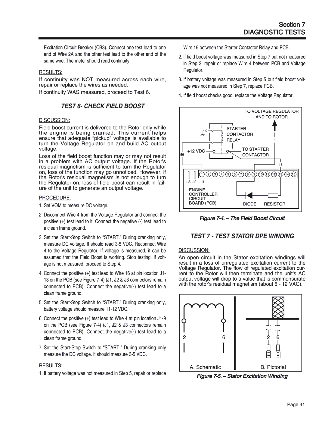 Generac Power Systems 75, 55, 65 manual Test 6- Check Field Boost, Test 7 Test Stator DPE Winding 