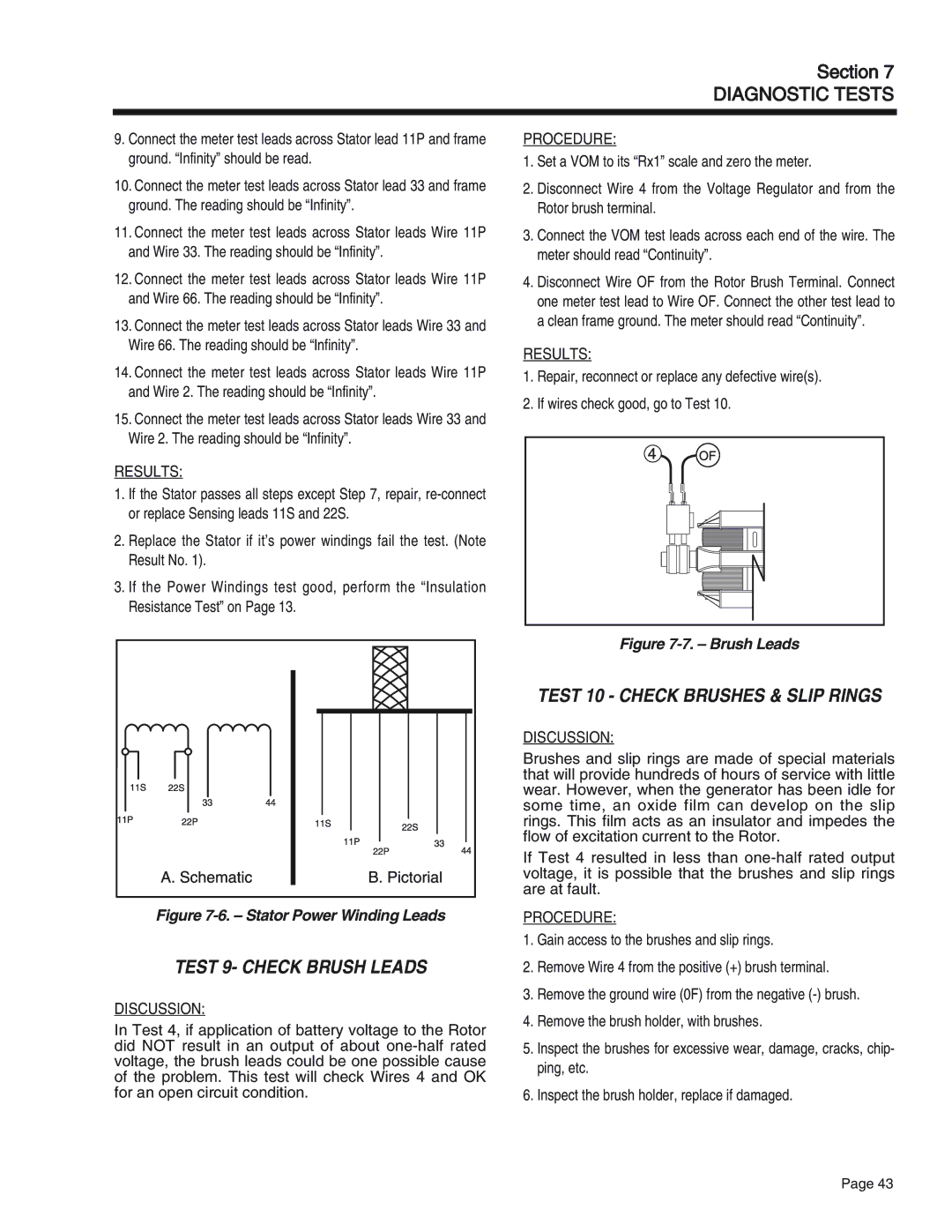 Generac Power Systems 55, 75, 65 manual Test 9- Check Brush Leads, Test 10 Check Brushes & Slip Rings 