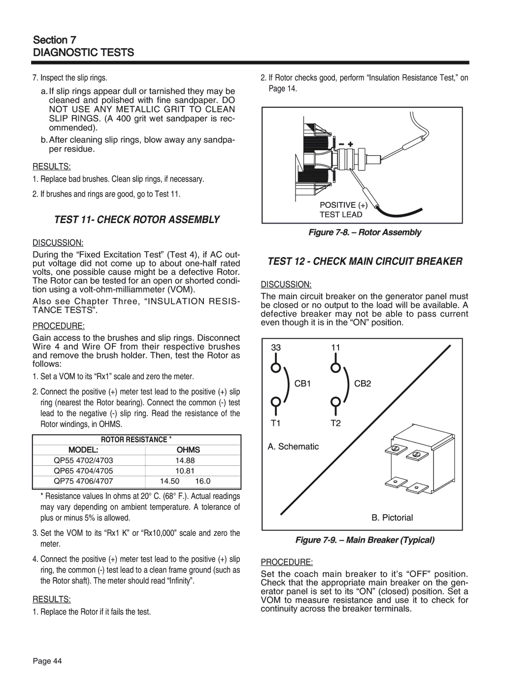 Generac Power Systems 75, 55, 65 Test 11- Check Rotor Assembly, Test 12 Check Main Circuit Breaker, Tance Tests Procedure 