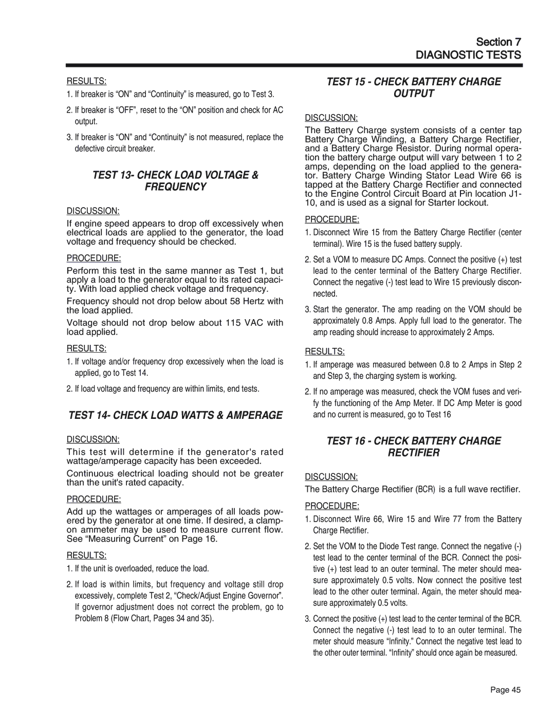 Generac Power Systems 65, 55, 75 manual Test 13- Check Load Voltage Frequency, Test 15 Check Battery Charge Output 