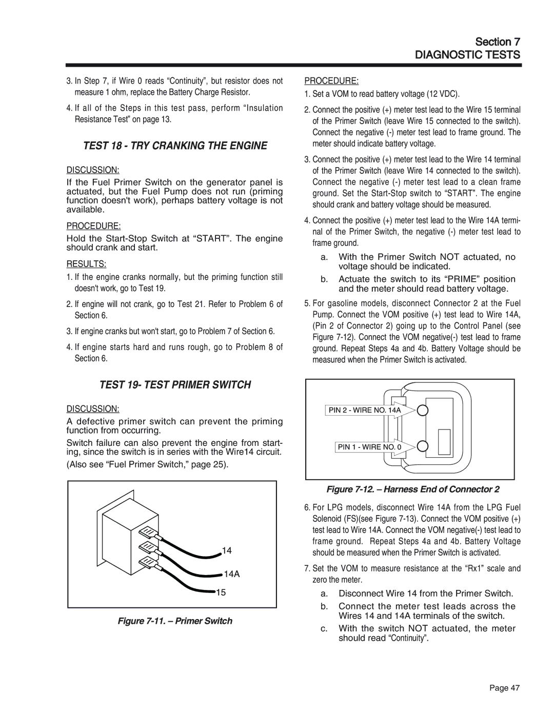 Generac Power Systems 75, 55, 65 Test 18 TRY Cranking the Engine, Test 19- Test Primer Switch, Also see Fuel Primer Switch 