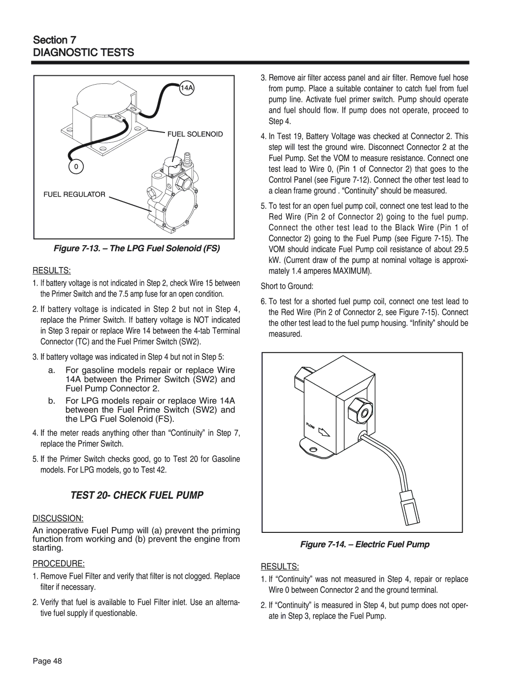 Generac Power Systems 65, 55, 75 manual Test 20- Check Fuel Pump, The LPG Fuel Solenoid FS 