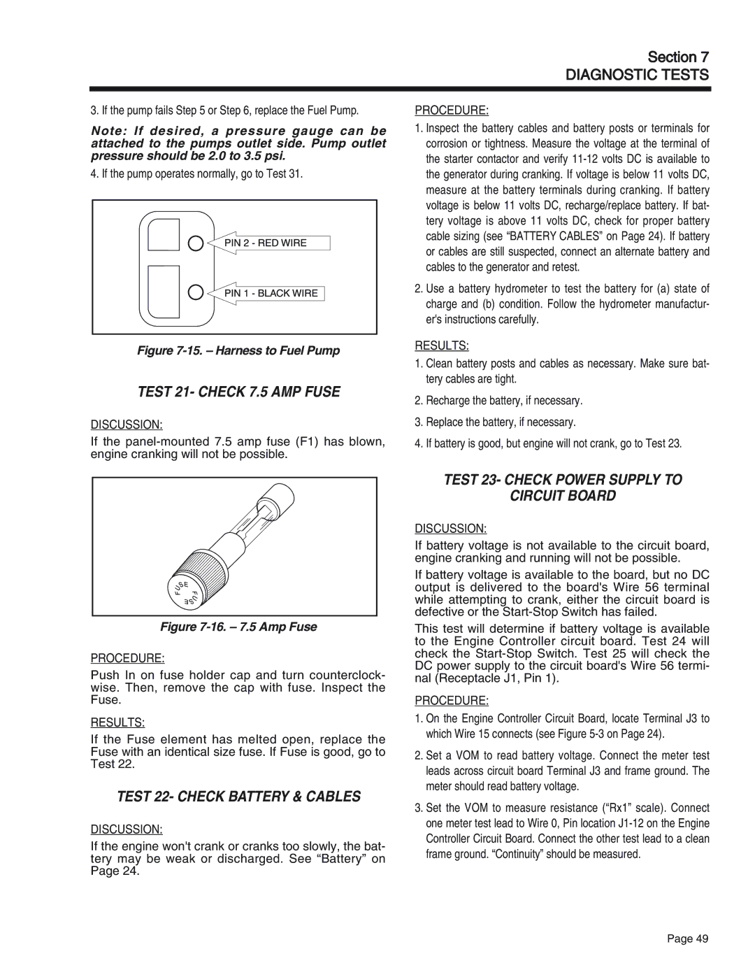 Generac Power Systems 55, 75, 65 manual Test 21- Check 7.5 AMP Fuse, Test 22- Check Battery & Cables 
