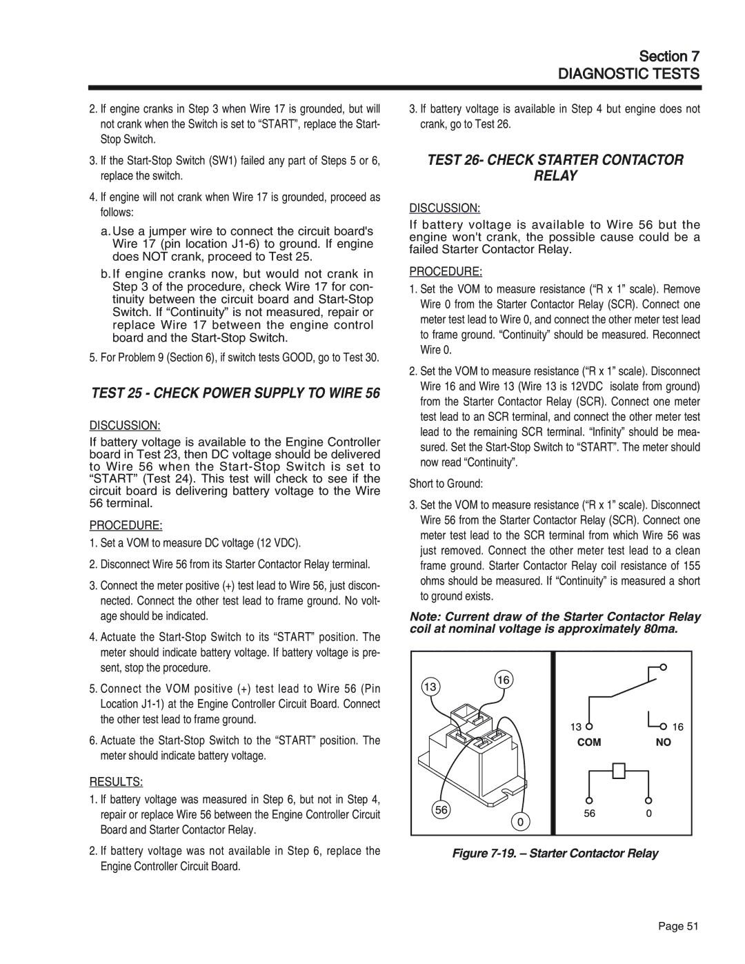 Generac Power Systems 65, 55, 75 manual Test 26- Check Starter Contactor Relay, Set a VOM to measure DC voltage 12 VDC 