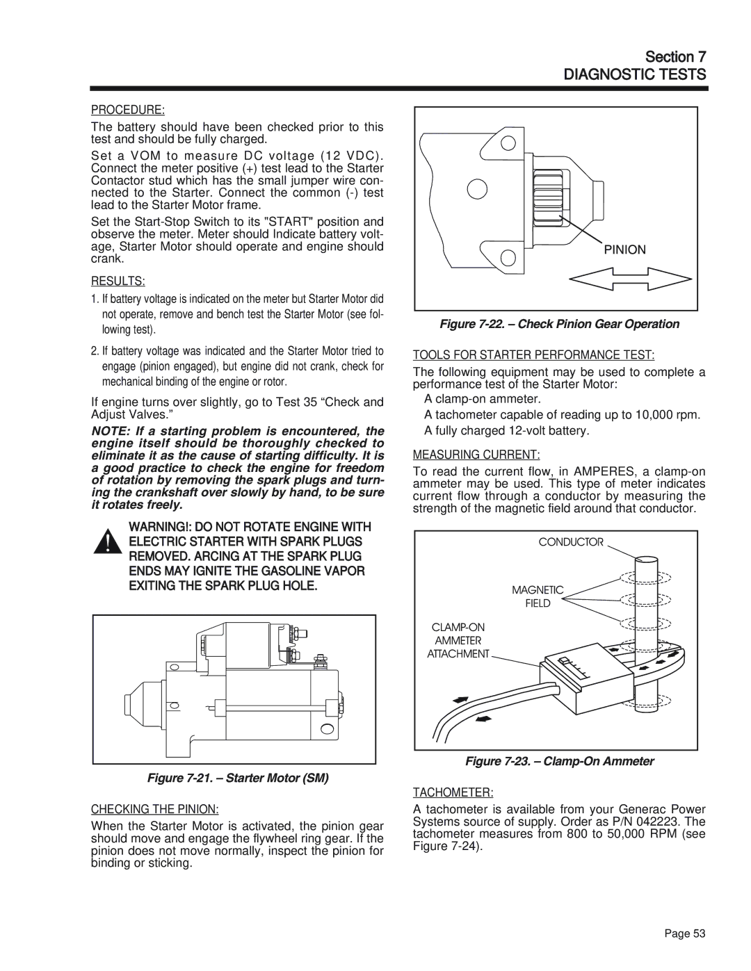 Generac Power Systems 75, 55, 65 Checking the Pinion, Tools for Starter Performance Test, Measuring Current, Tachometer 