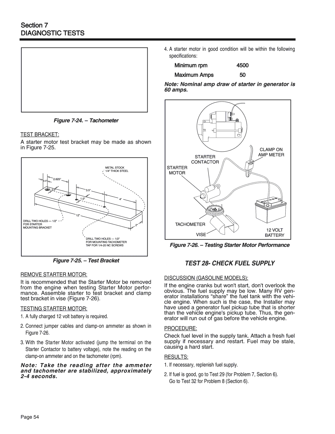 Generac Power Systems 65, 55, 75 manual Test 28- Check Fuel Supply, Test Bracket, Remove Starter Motor, Testing Starter Motor 