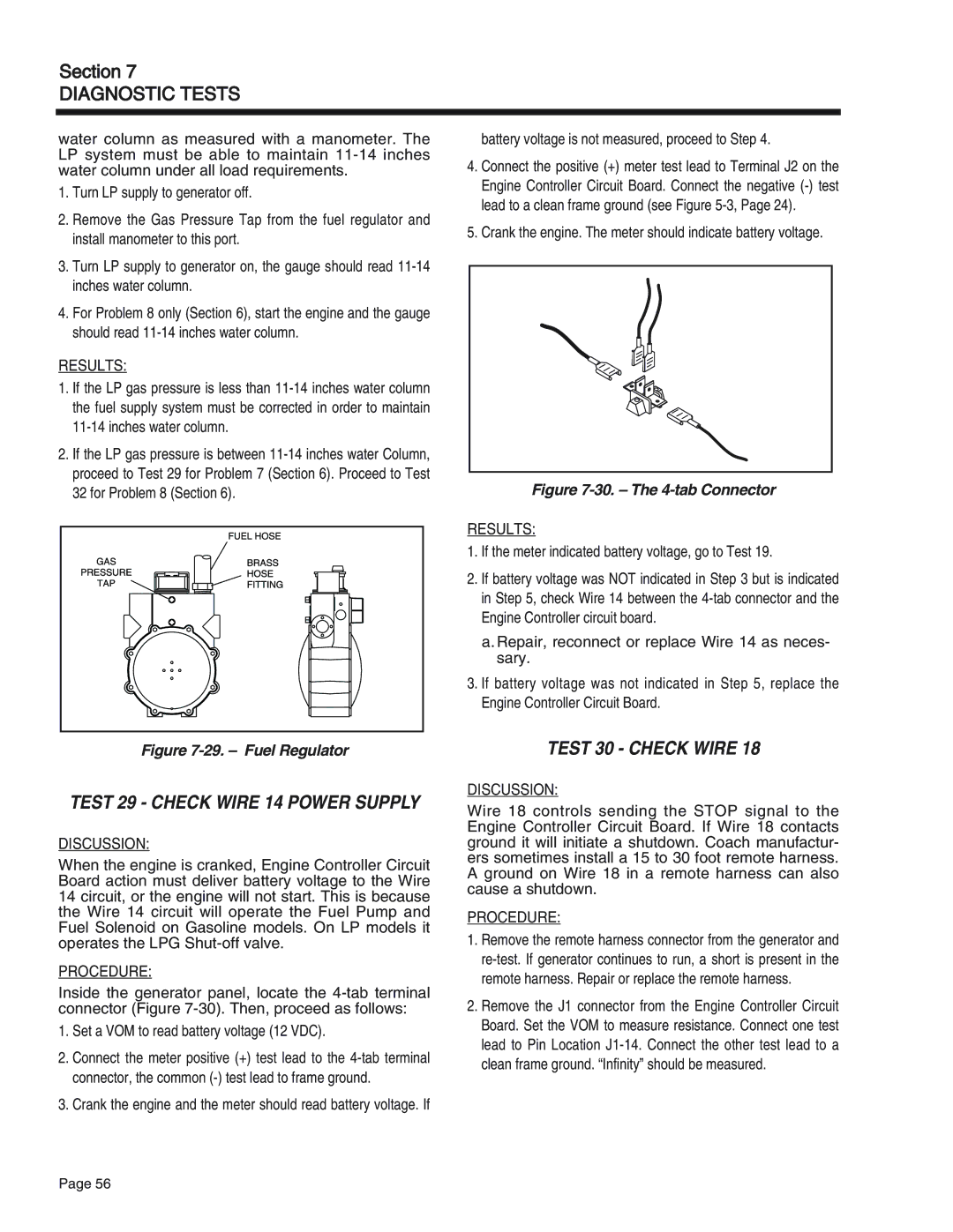 Generac Power Systems 75, 55, 65 manual Test 29 Check Wire 14 Power Supply, Test 30 Check Wire 