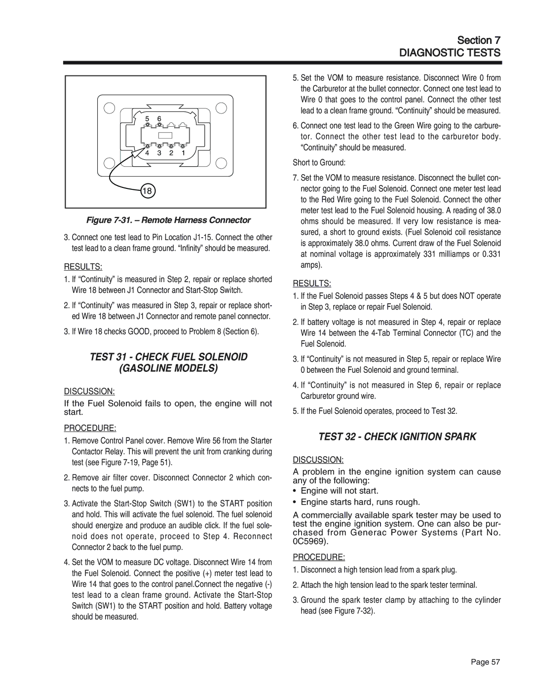 Generac Power Systems 65, 55, 75 manual Test 31 Check Fuel Solenoid Gasoline Models, Test 32 Check Ignition Spark 