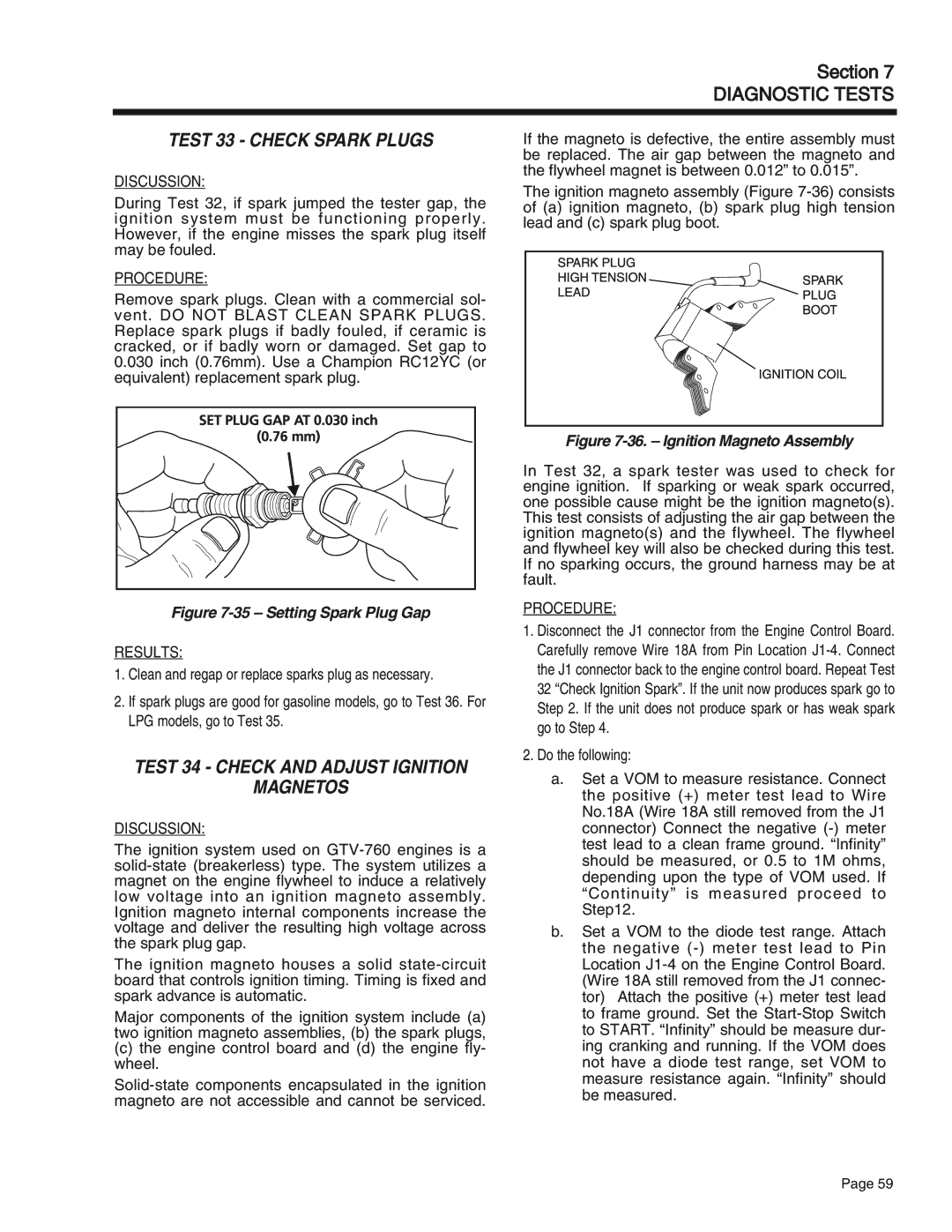 Generac Power Systems 75, 55, 65 manual Test 33 Check Spark Plugs, Test 34 Check and Adjust Ignition Magnetos 