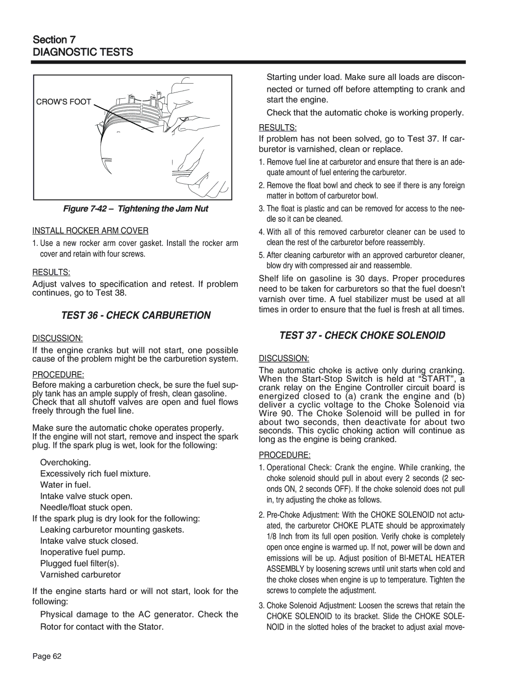 Generac Power Systems 75, 55, 65 manual Test 36 Check Carburetion, Test 37 Check Choke Solenoid, Install Rocker ARM Cover 