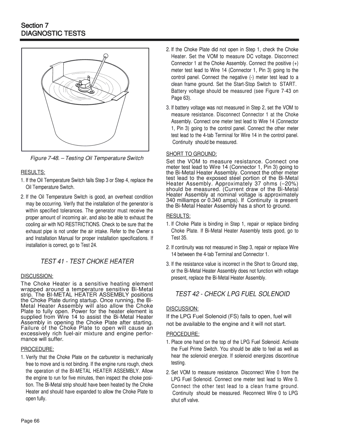 Generac Power Systems 65, 55, 75 manual Test 41 Test Choke Heater, Test 42 Check LPG Fuel Solenoid, Short to Ground 