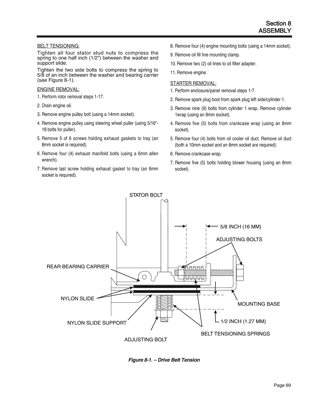 Generac Power Systems 65, 55, 75 manual Belt Tensioning, Engine Removal, Starter Removal 