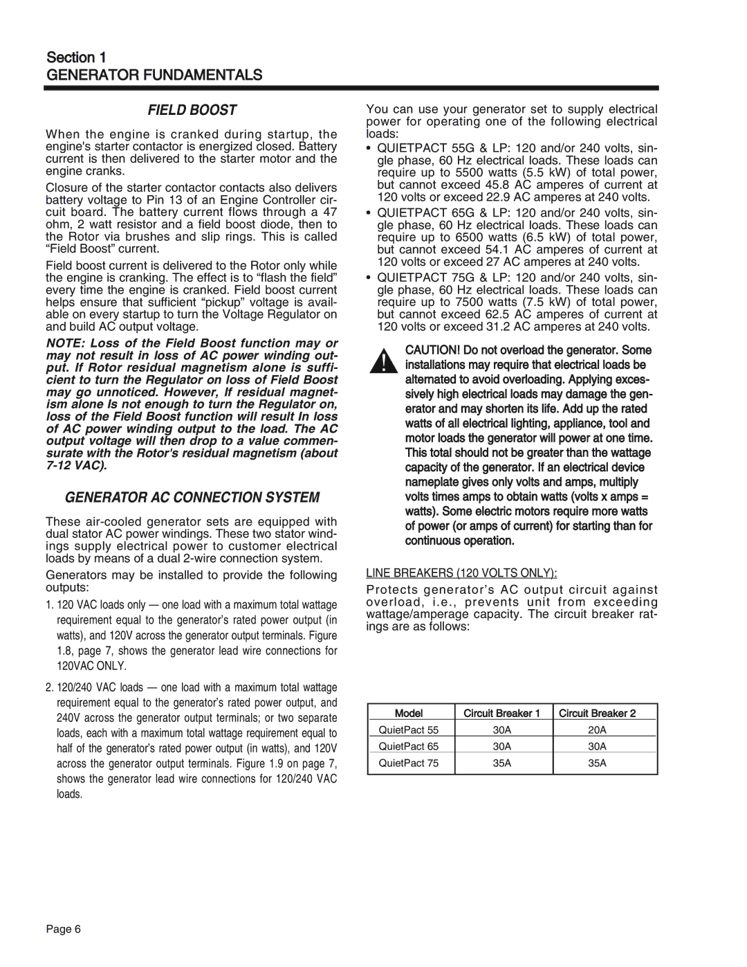 Generac Power Systems 65, 55, 75 manual Field Boost, Generator AC Connection System, Line Breakers 120 Volts only 