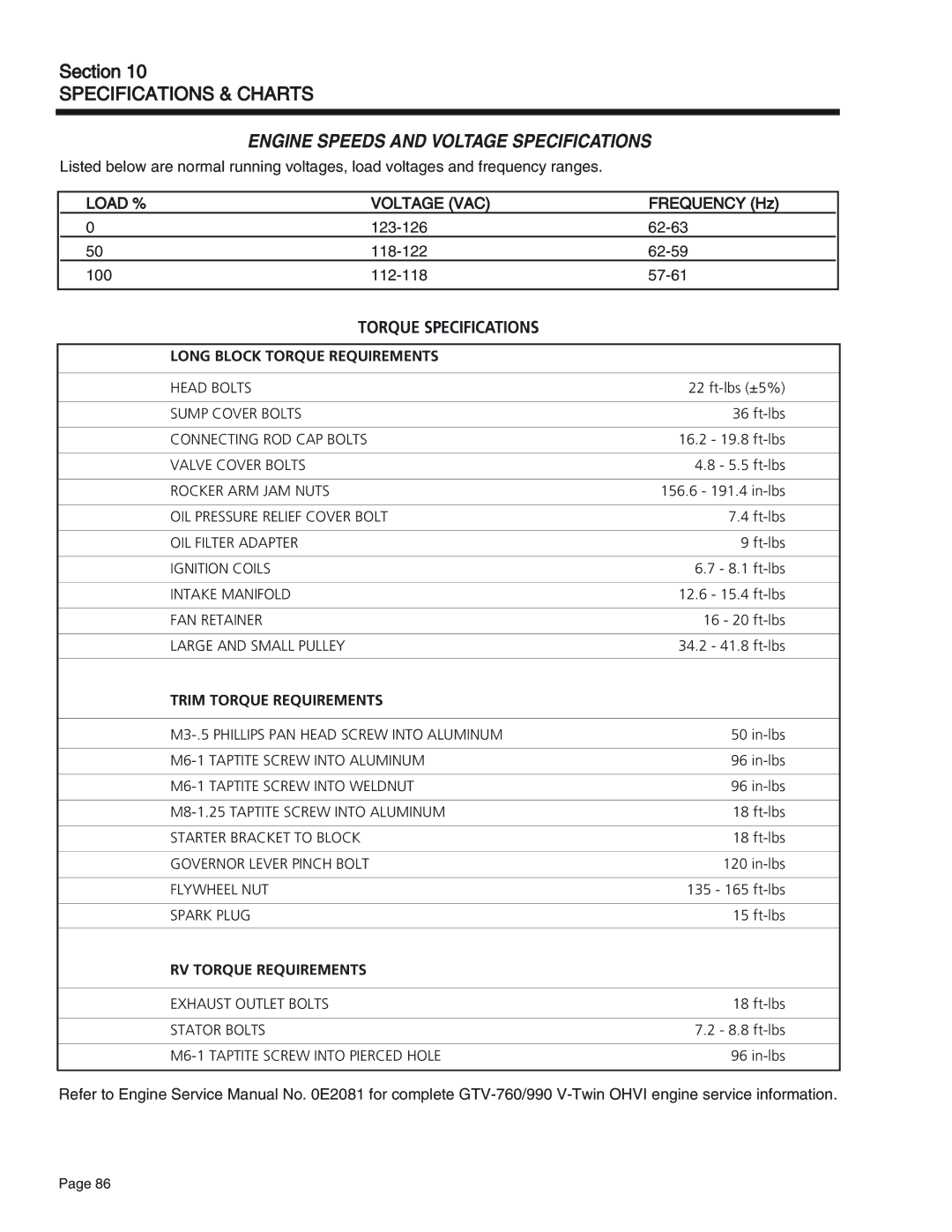 Generac Power Systems 75, 55, 65 manual Engine Speeds and Voltage Specifications 