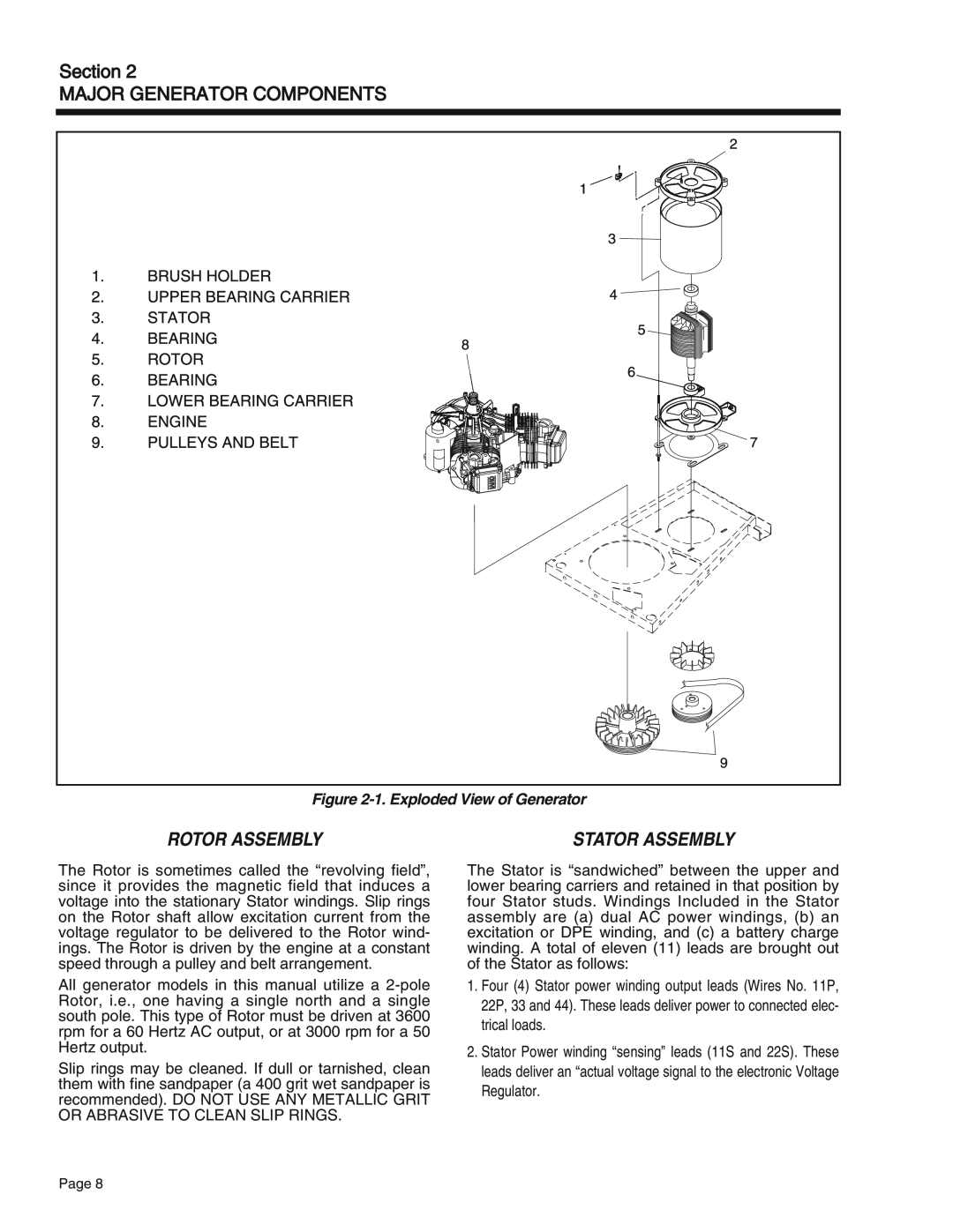 Generac Power Systems 75 Section MAJOR GENERATOR COMPONENTS, Rotor Assembly, 1.Exploded View of Generator, Stator Assembly 