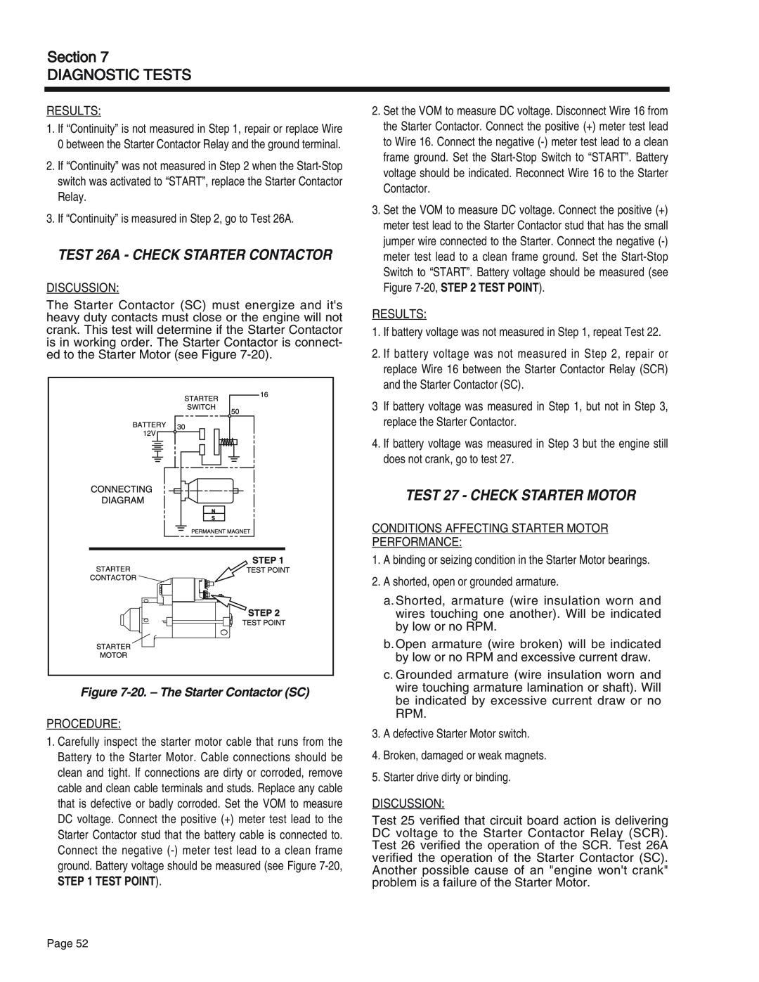 Generac Power Systems 55 TEST 26A - CHECK STARTER CONTACTOR, TEST 27 - CHECK STARTER MOTOR, 20.– The Starter Contactor SC 