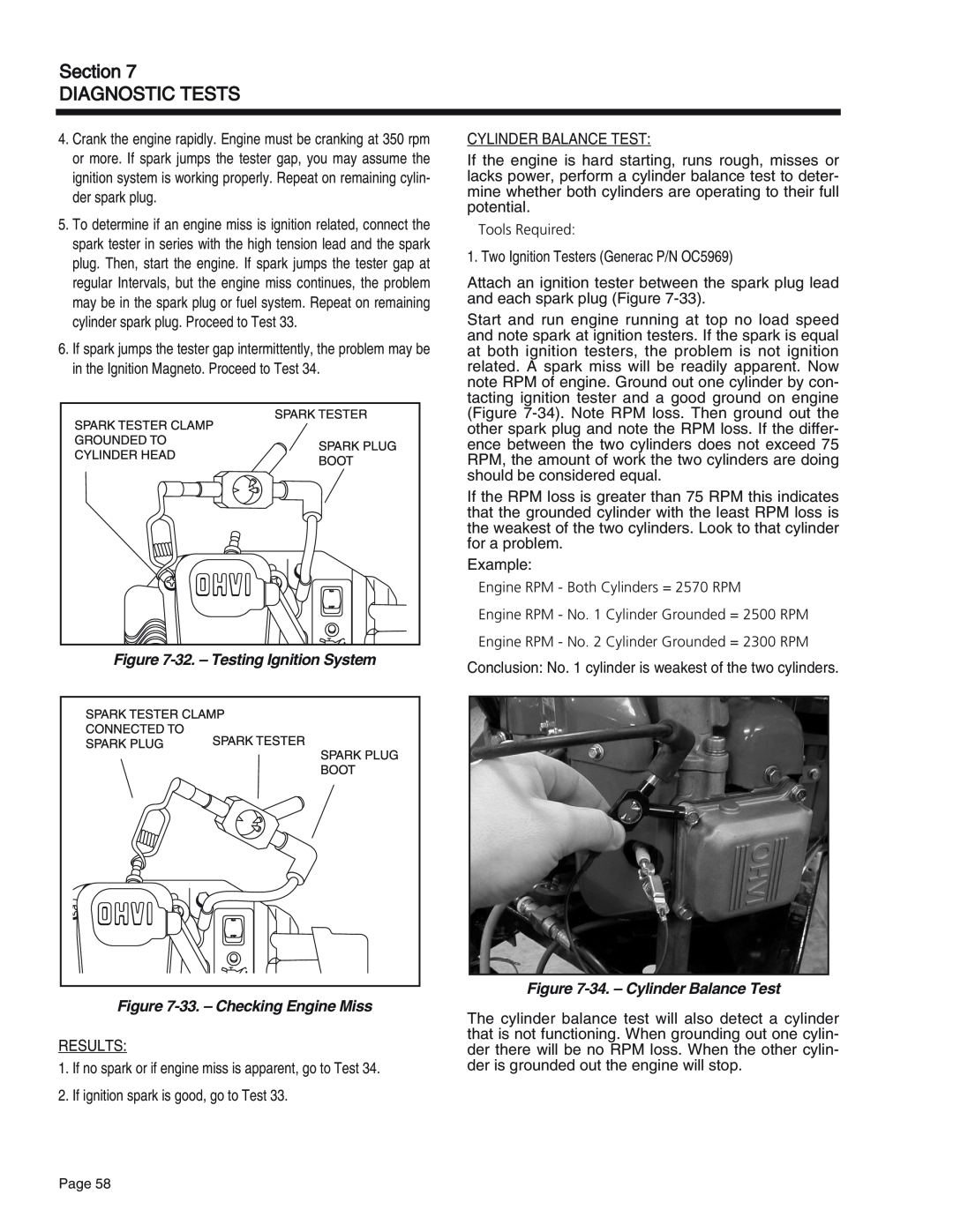Generac Power Systems 55, 75, 65 manual 32.– Testing Ignition System, 33.– Checking Engine Miss, 34.– Cylinder Balance Test 